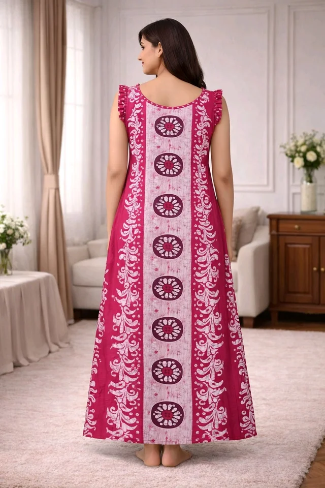 Women’s Cotton Nighty | Dark Pink Printed Sleepwear | Back Tie-Up Design | Soft & Comfortable | Sleeveless | Free Size