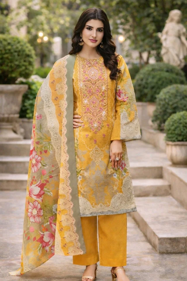 Women’s Designer Salwar Or Kameez Set with Dupatta | Mustard Yellow Printed Suit | Elegant Ethnic Wear | Soft Fabric | Size XXL