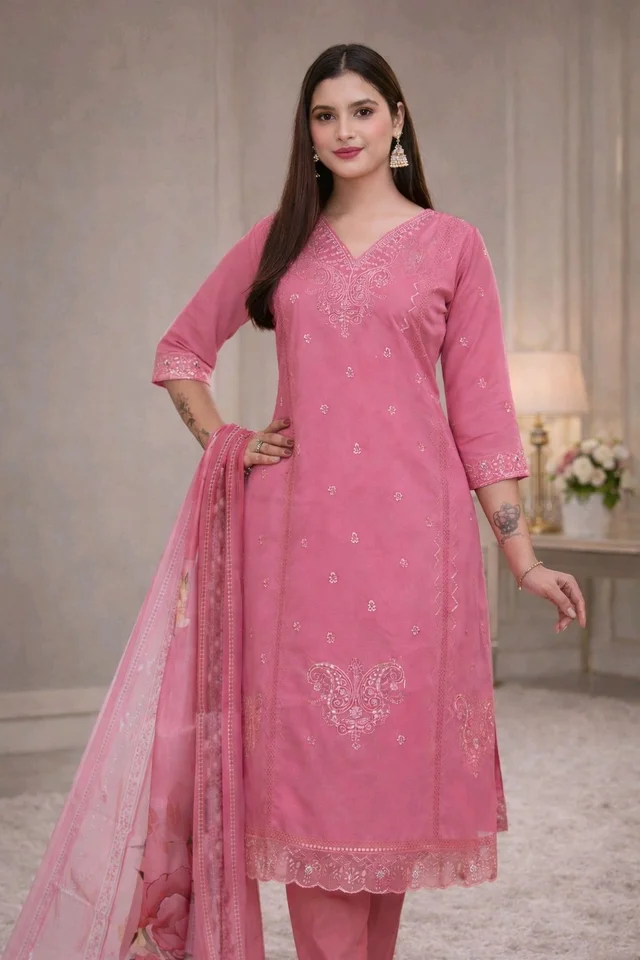 Women’s Mulberry Colour Kurta 3-Piece Set | Elegant Ethnic Wear | Embroidered Suit with Dupatta | XXL Size - Mulberry