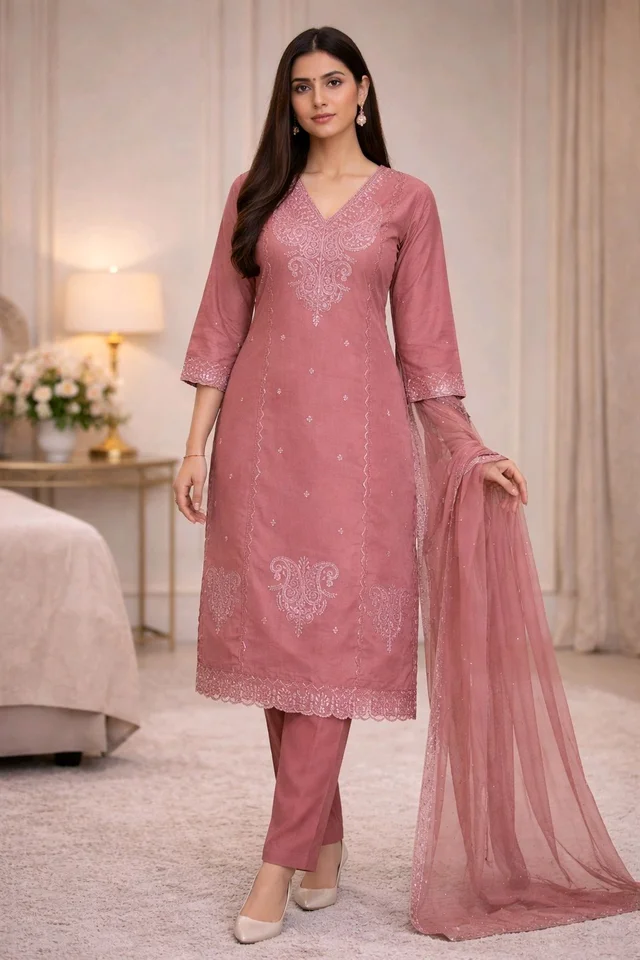 Women’s Mulberry Pink Kurta 3-Piece Set | Embroidered Ethnic Wear | Elegant Suit with Dupatta | XXL Size