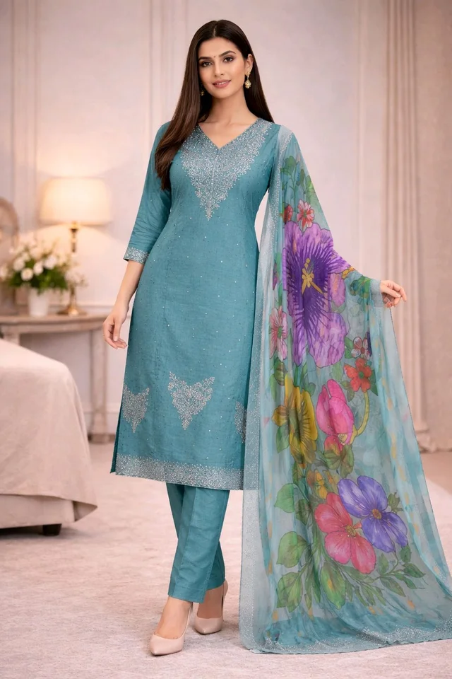 Women’s Sea Green Kurta 3-Piece Set | Embroidered Ethnic Wear | Floral Dupatta Suit | Soft Fabric | XXL Size