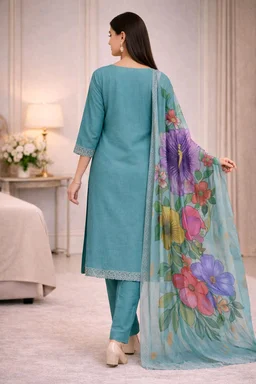 Women’s Sea Green Kurta 3-Piece Set | Embroidered Ethnic Wear | Floral Dupatta Suit | Soft Fabric | XXL Size
