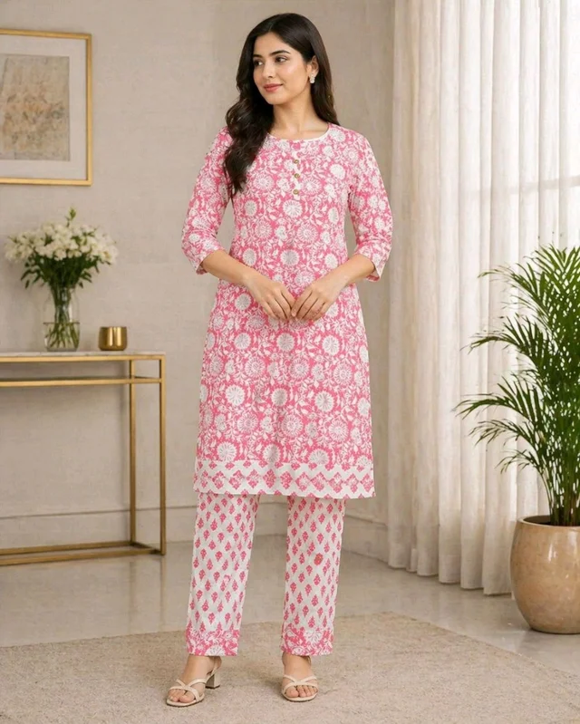 Women’s Deep Pink Printed Kurta Pant Set (2PC) | Cotton Ethnic Wear | Stylish Casual Outfit | XL Size