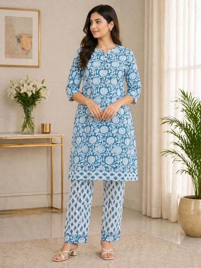 Women’s Sky Blue Printed Kurta Pant Set (2PC) | Cotton Ethnic Wear | Stylish Casual Outfit | XL Size
