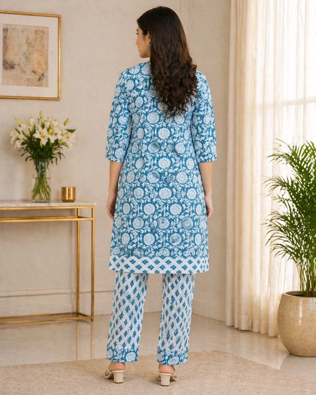 Women’s Sky Blue Printed Kurta Pant Set (2PC) | Cotton Ethnic Wear | Stylish Casual Outfit | XL Size