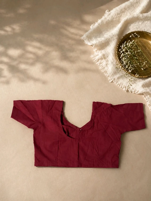 Premium Rich Maroon Cotton Blouse with Glass Sleeves and Front Hook Closure. - 32 size, rich meroon