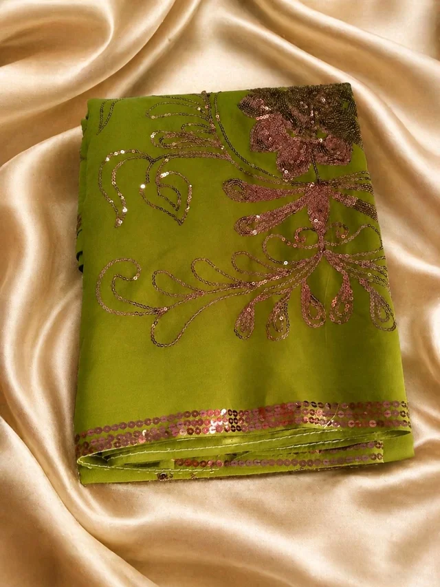 Buy 1 Get 1 Free Designer Saree for Women | Green & Pink Embroidery Sequence Work Saree Combo - Crete