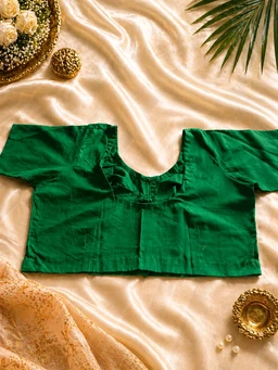 Jewel Green Cotton Blouse (Size 36) with Front Hook & Glass Sleeves – Round Neck Design - Jewel