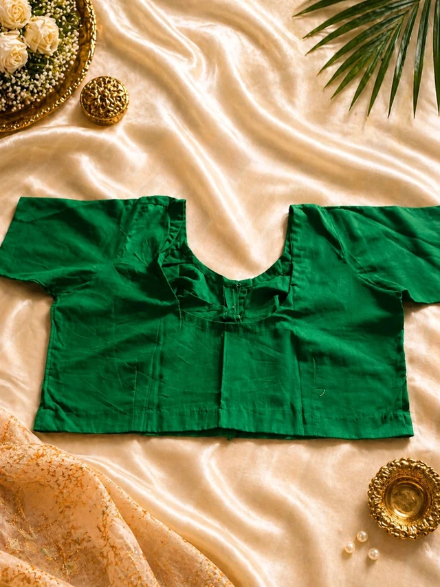 Jewel Green Cotton Blouse (Size 36) with Front Hook & Glass Sleeves – Round Neck Design - Jewel
