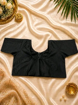 Black Cotton Blouse (Size 36) with Front Hook & Glass Sleeves – Classic Round Neck Design - Black