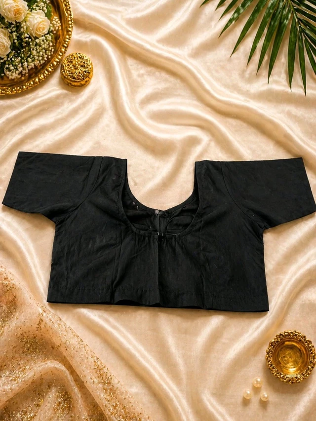 Black Cotton Blouse (Size 36) with Front Hook & Glass Sleeves – Classic Round Neck Design - Black