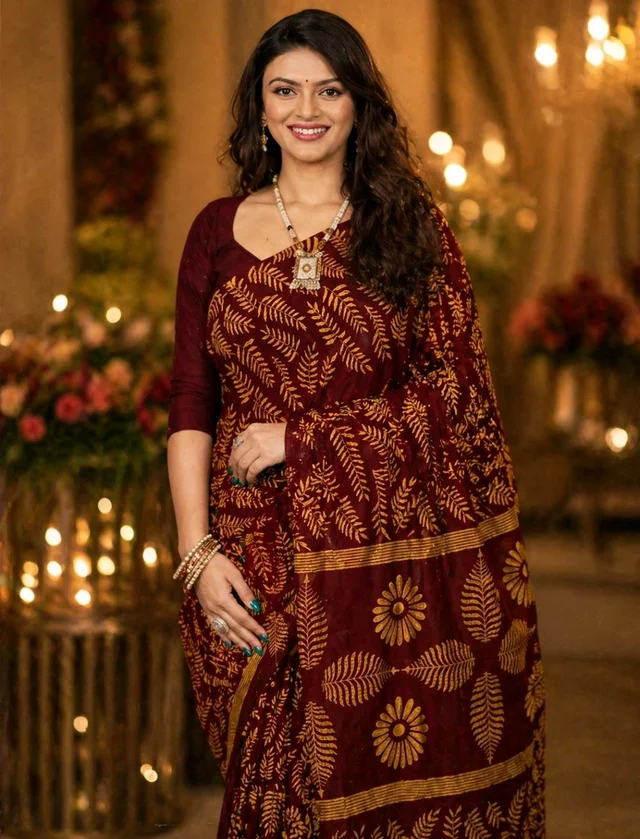 Buy 1 Get 1 Free Printed Saree for Women | Maroon & Royal Blue Saree Combo - Wine Berry