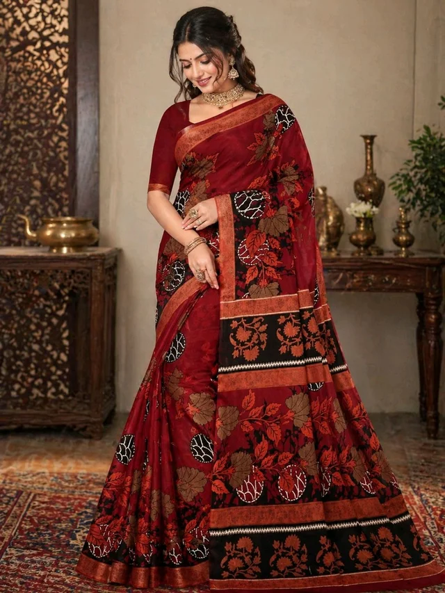 Buy 1 Get 1 Free Floral Printed Saree for Women | Maroon Red & Royal Blue Saree Combo (5.5 Meter)