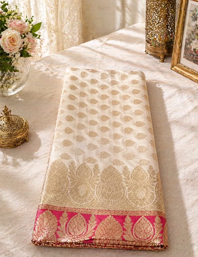 Premium Rani Pink & Off White Katan Banarasi Saree with Contrast Pallu and Blouse Piece