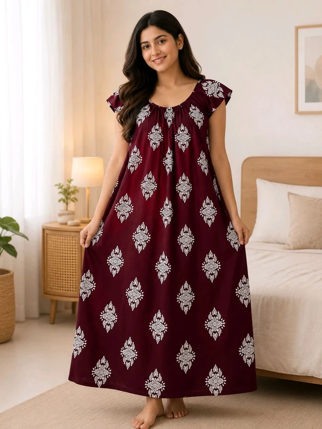 Women’s Maroon Oak Cotton Rubber Print Nighty | Free Size Comfortable Daily Wear