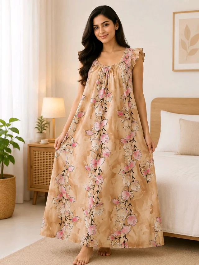 Women’s Twine Colour Pure Cotton Nighty | Free Size Soft & Comfortable Daily Wear - Twine