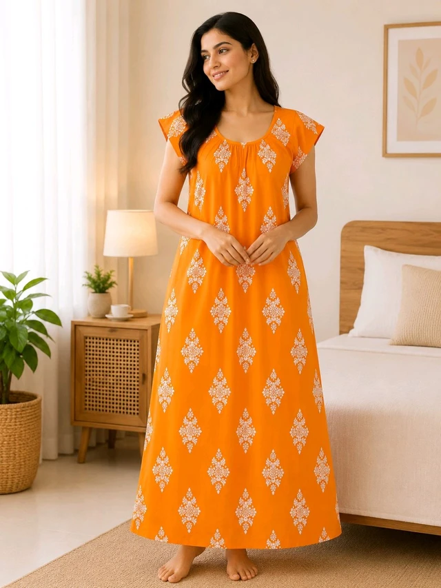 Women’s Golden Bell Cotton Rubber Print Nighty | Free Size Soft & Comfortable Daily Wear