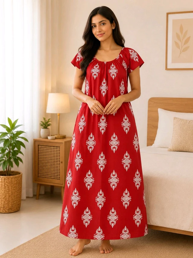 Women’s Guardsman Red Cotton Rubber Print Nighty | Free Size Soft & Comfortable Daily Wear