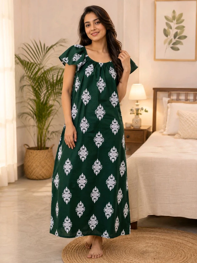 Gable Green Cotton Rubber Print Free Size Nighty for Women