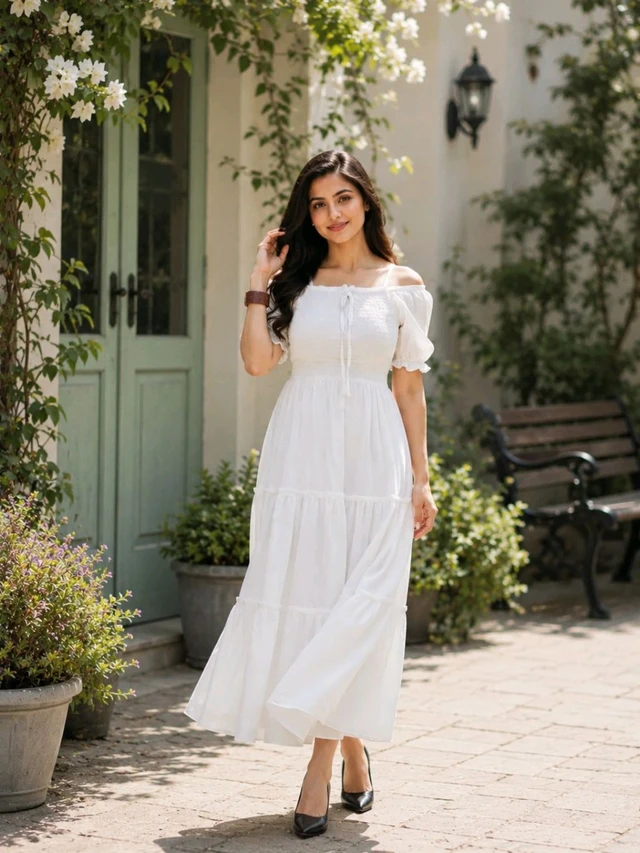 DULHAN SAREES Women White Empire Waist Maxi Dress | Cotton Blend Half Sleeve Tiered Frock | Casual & Party Wear