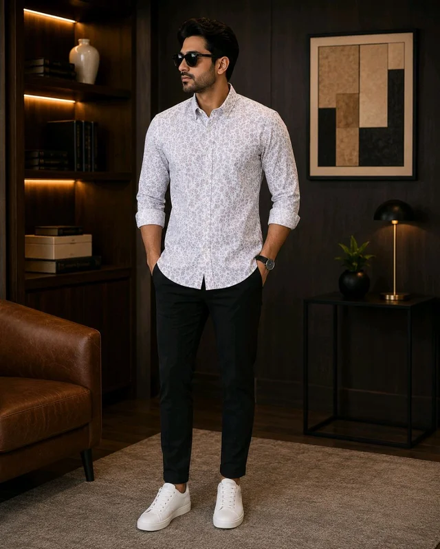 Men's Premium White Floral Print Full Sleeve Casual Shirt – M Size