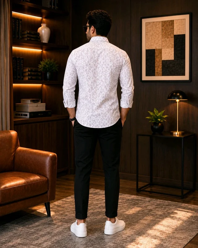 Men's Premium White Floral Print Full Sleeve Casual Shirt – M Size