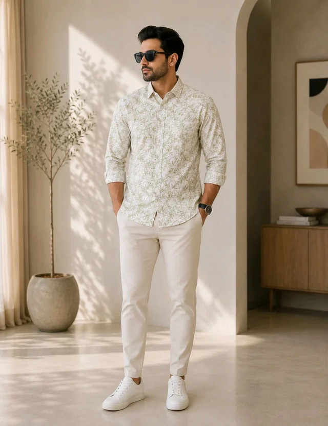 Men's Premium White Leaf Print Full Sleeve Casual Shirt – L Size