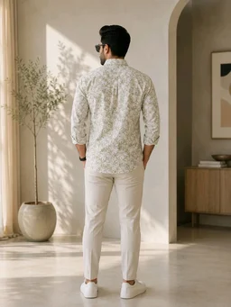 Men's Premium White Leaf Print Full Sleeve Casual Shirt – L Size