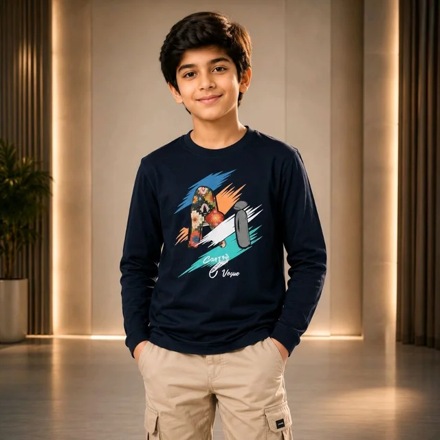 Boys Navy Blue Full Sleeve Graphic Printed Cotton T-Shirt – Size 30