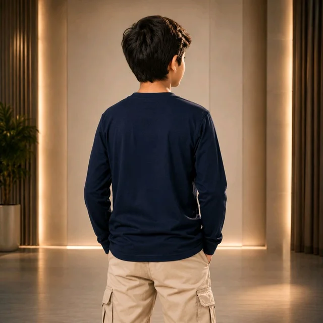 Boys Navy Blue Full Sleeve Graphic Printed Cotton T-Shirt – Size 30