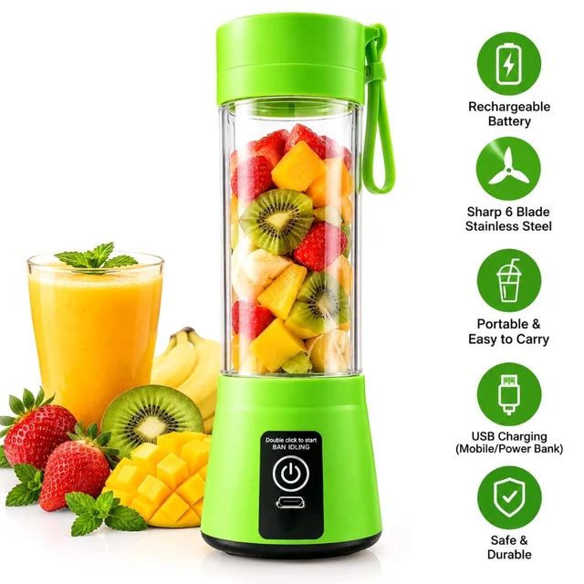 Portable USB Electric Juicer – 6-Blade Blender & Protein Shaker - Green