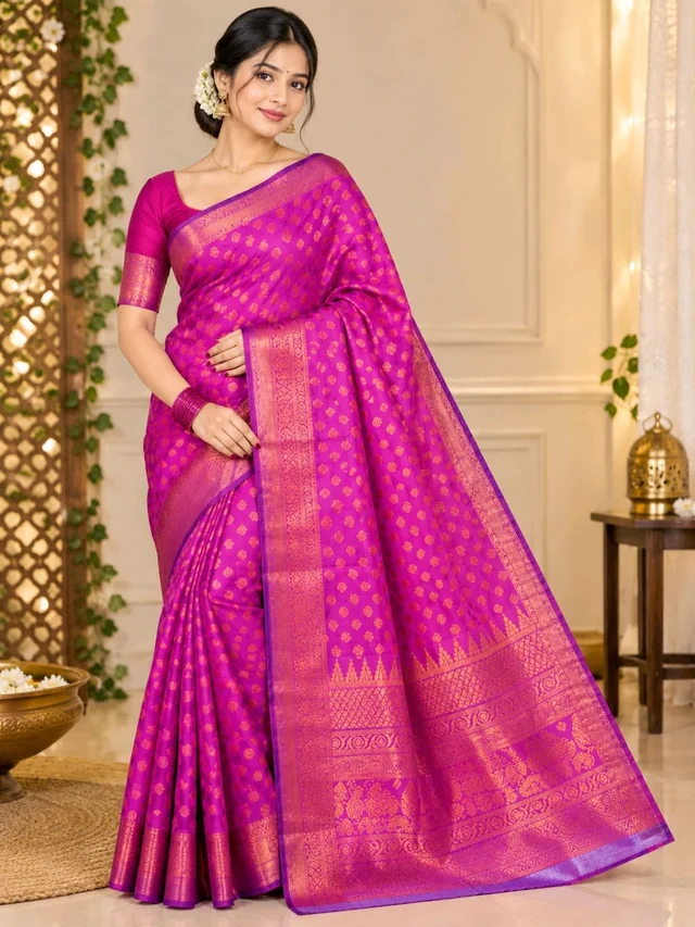 Women’s Premium Magenta Pink Silk Saree with Gold Zari Work & Designer Border