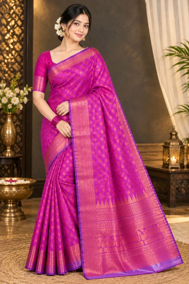 Women’s Premium Magenta Pink Silk Saree with Gold Zari Work & Designer Border
