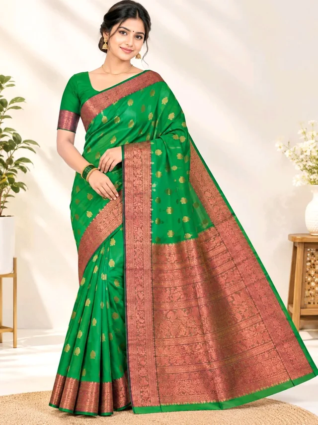Green Woven Design Silk Saree with Rich Zari Border & Blouse Piece
