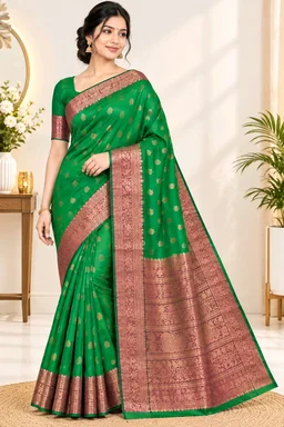 Green Woven Design Silk Saree with Rich Zari Border & Blouse Piece
