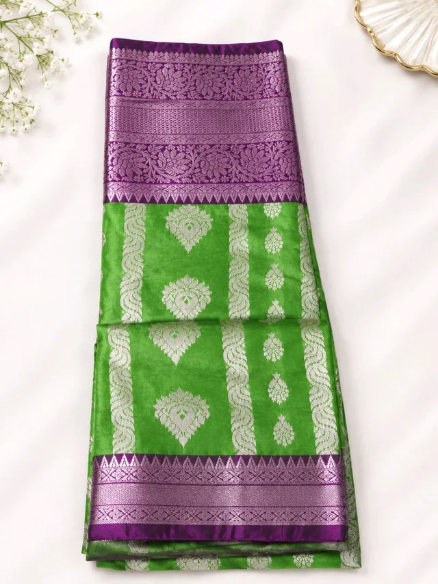 Premium Green & Purple Silk Saree with Designer Zari Work – With Blouse Piece