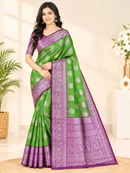 Premium Green & Purple Silk Saree with Designer Zari Work – With Blouse Piece