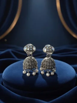 Vintage-Style Oxidized Silver Jhumka Earrings with Luminous White Accents & Pearl Drops