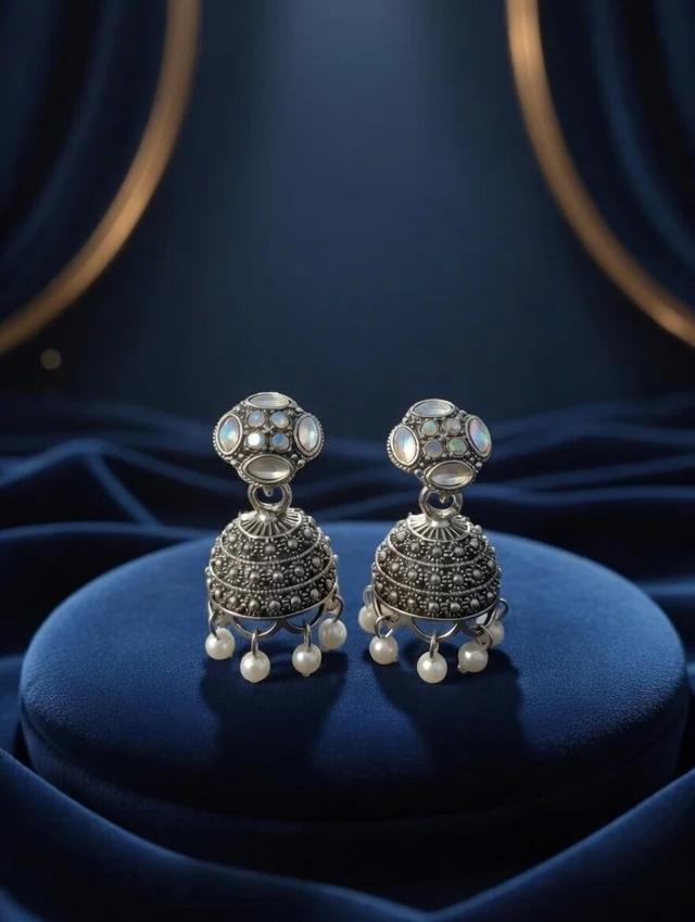 Vintage-Style Oxidized Silver Jhumka Earrings with Luminous White Accents & Pearl Drops