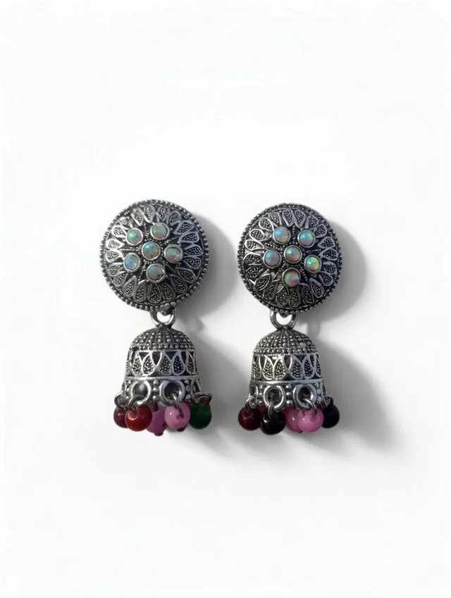 Handcrafted Oxidized Silver Floral Stud Jhumkas with Multi-Colored Pastel Bead Accents