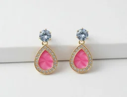 Elegant Gold Plated Crystal Drop Earrings – Pack of 2 (Pink Teardrop & Purple Triangle, Small Size)