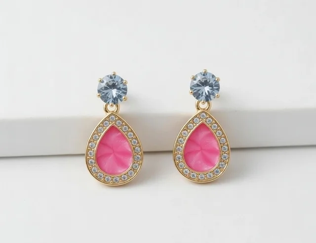 Elegant Gold Plated Crystal Drop Earrings – Pack of 2 (Pink Teardrop & Purple Triangle, Small Size)