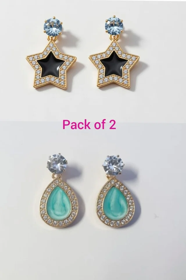 Gold Plated Crystal Star & Teardrop Drop Earrings – Pack of 2 (Small Size)