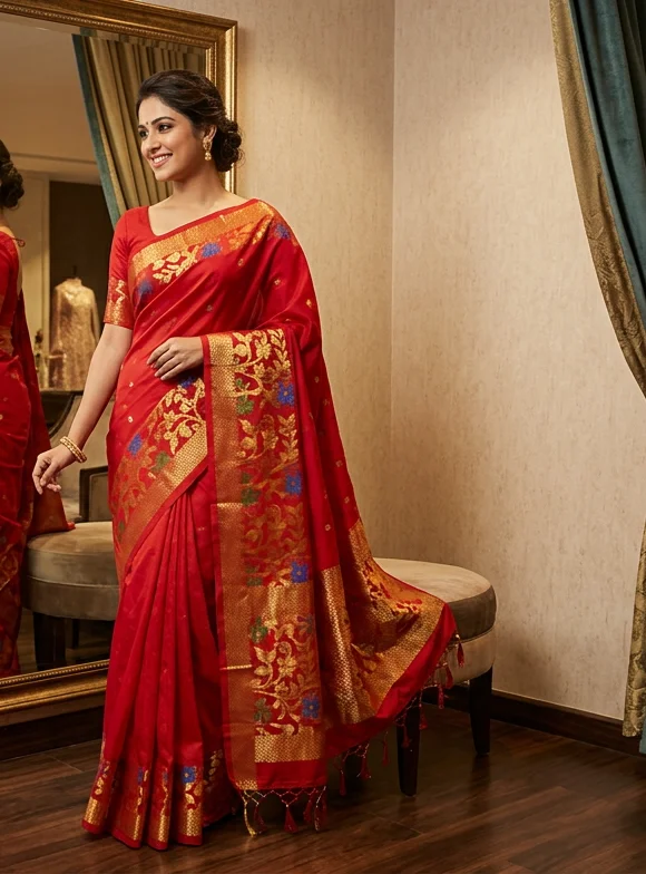 Monza Handloom Silk Saree with Rich Golden Zari Border – Traditional Wedding Wear - Monza