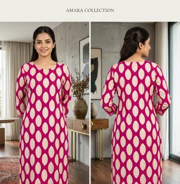 Pink Leaf Print Straight cotton Kurti with Pant Set for Women - XL, Violet Eggplant