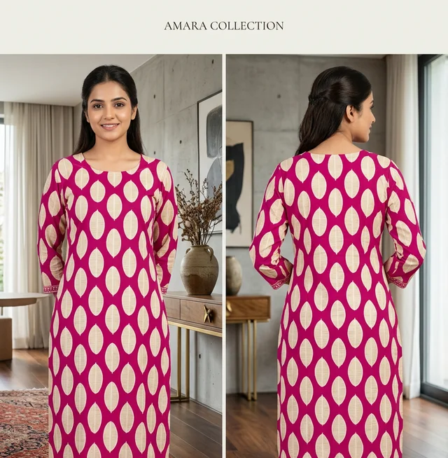 Pink Leaf Print Straight cotton Kurti with Pant Set for Women - XL, Violet Eggplant