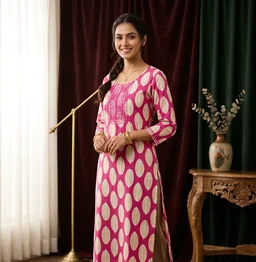 Pink Leaf Print Straight cotton Kurti with Pant Set for Women - XL, Violet Eggplant