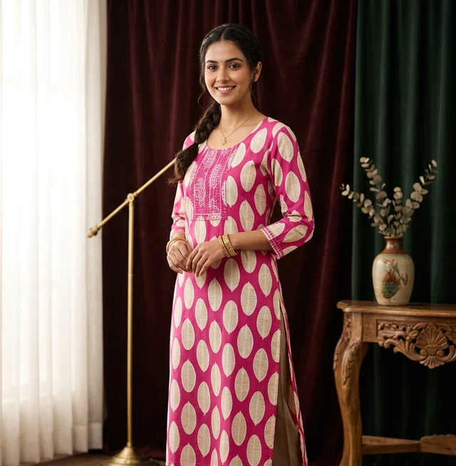 Pink Leaf Print Straight cotton Kurti with Pant Set for Women - XL, Violet Eggplant