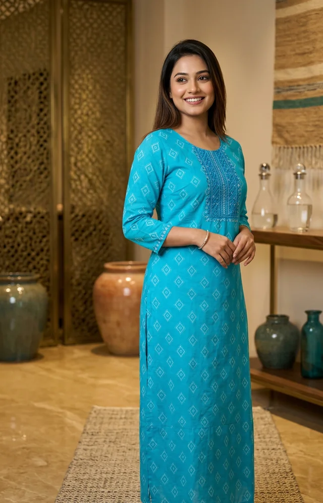Turquoise Blue Printed Cotton Kurti for Women – Round Neck Straight Kurti (3/4 Sleeve) - L, Azure Radiance