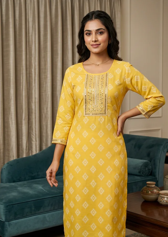 Mustard Yellow Printed Cotton Kurti for Women – Round Neck Straight Kurti (3/4 Sleeve) - L, Lightning Yellow